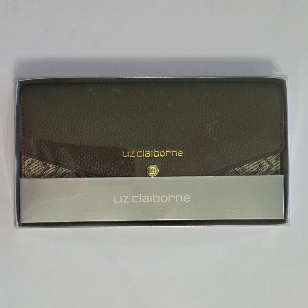 Liz Claiborne Boxed Clutch Wallet, Tan/Dark Taupe, Zippered Coin Pocket - NWT